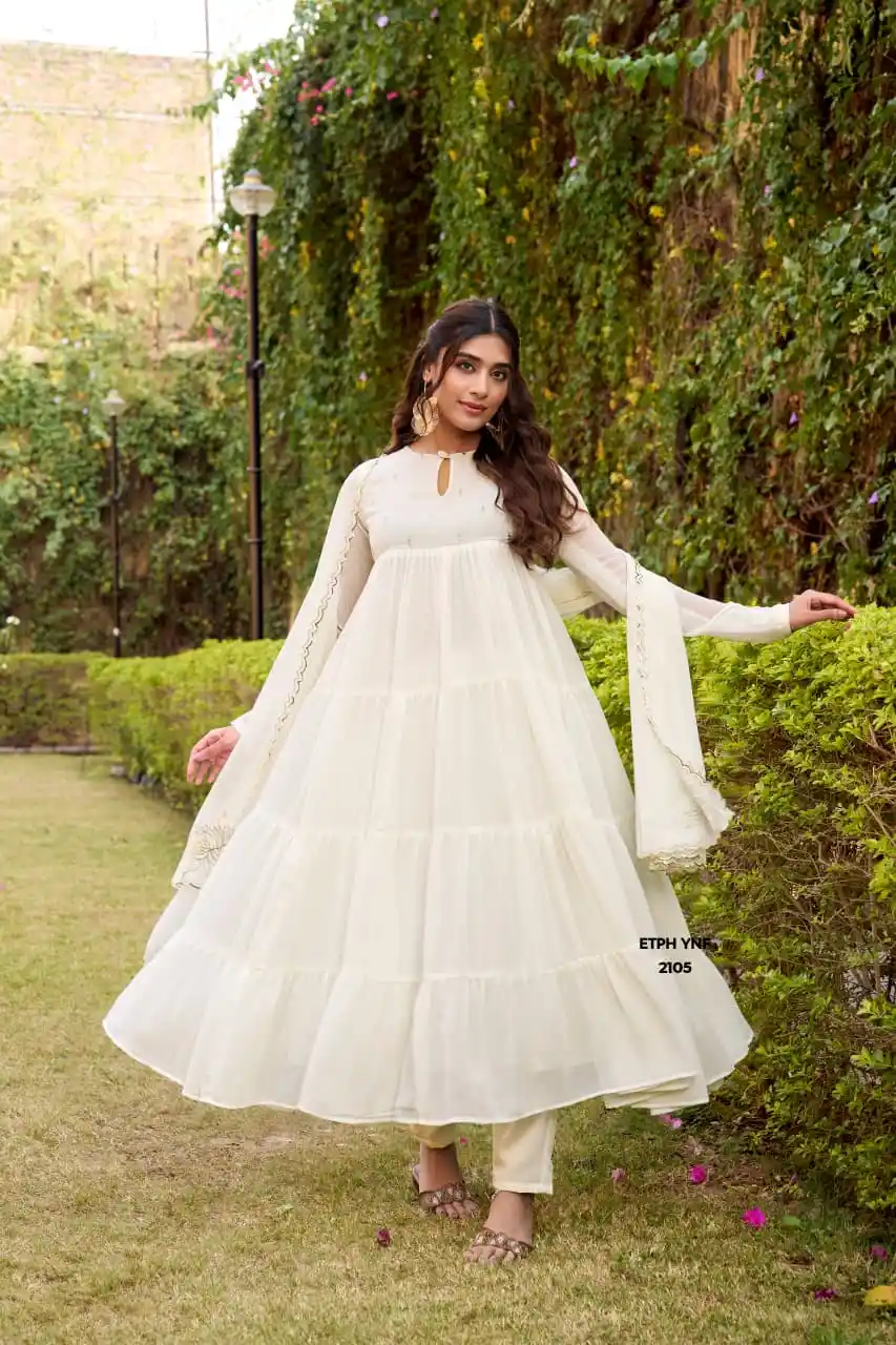 TANHAI Off-White Color Marble Three Piece Anarkali Suit.
